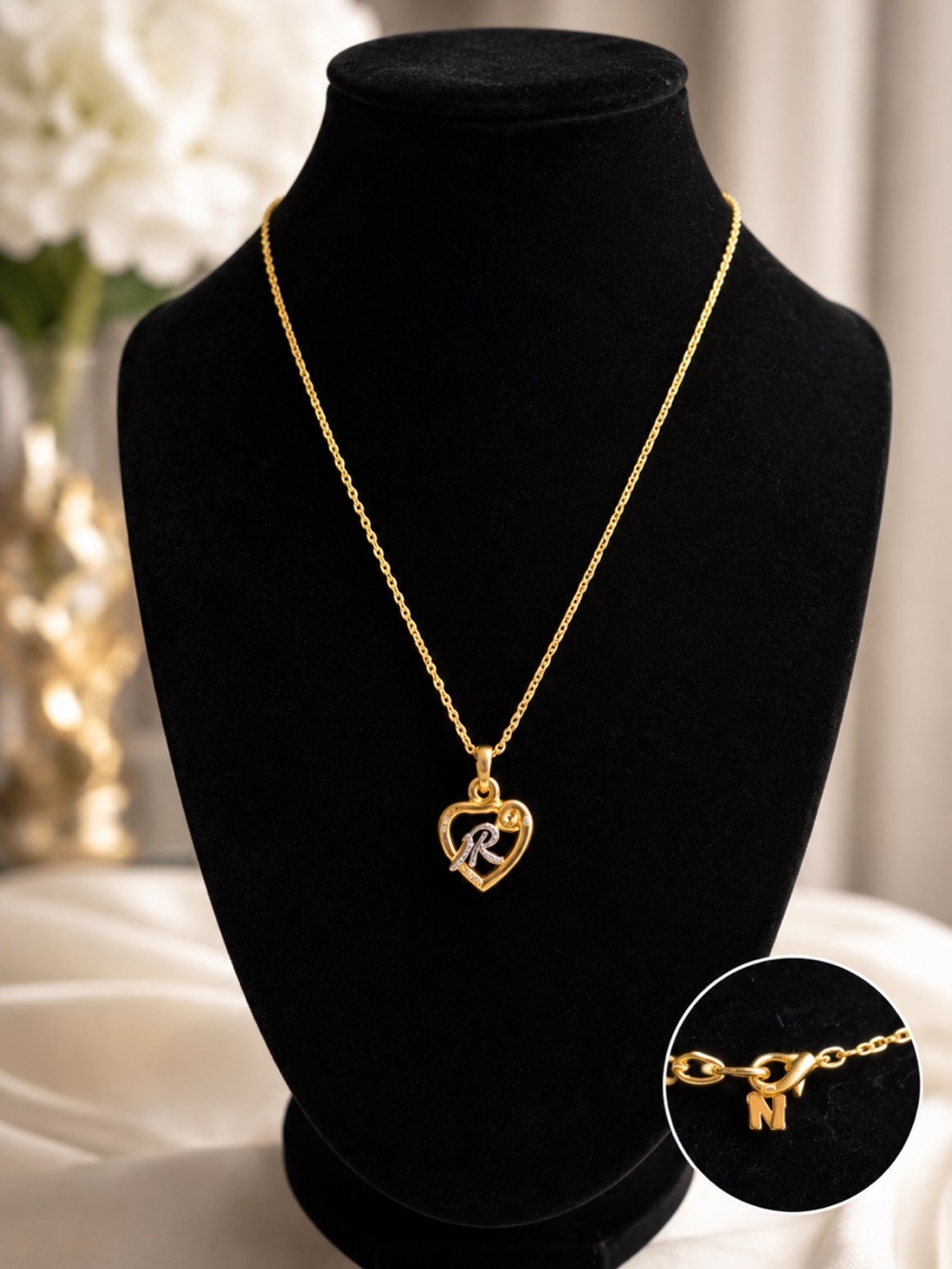 Vintage Nina Ricci Gold Plated Crystal NR Monogram Heart Pendant Necklace